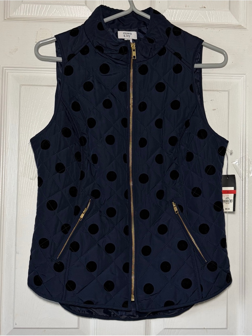 crown & ivy Navy Quilted Polka Dot Zip-Up Vest with Gold Zipper